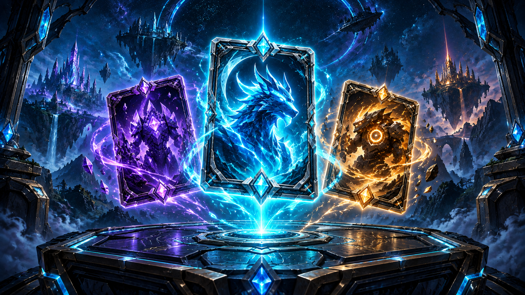 Three glowing collectible cards hovering over a futuristic game table