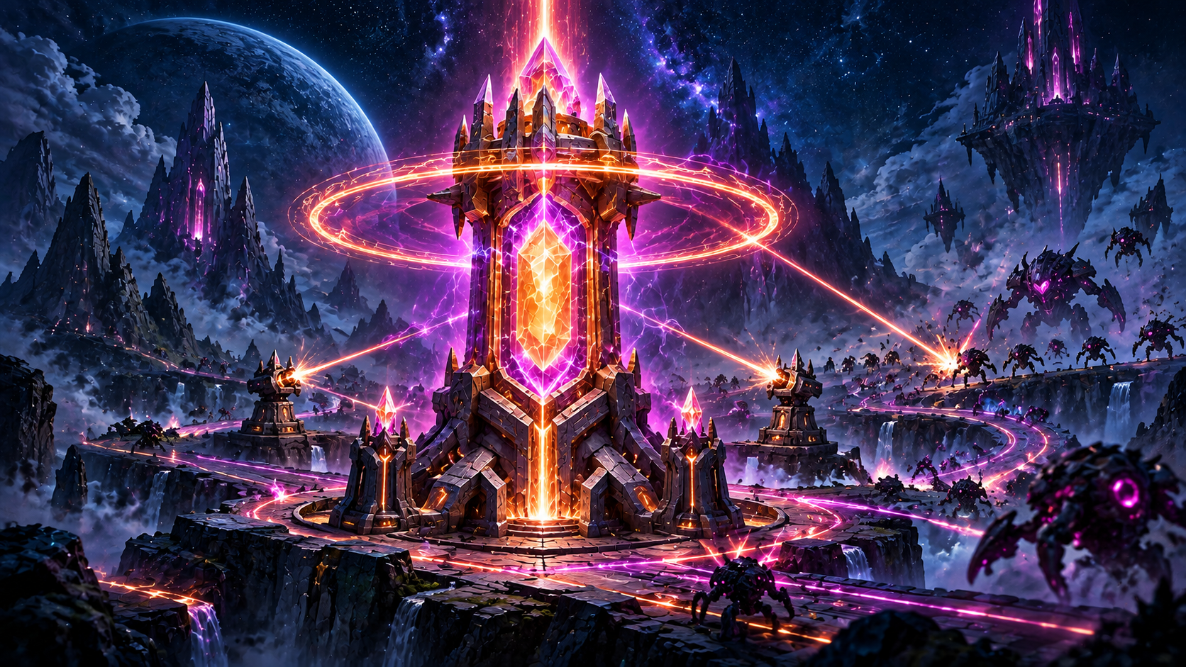 Glowing defense tower firing across a winding path of approaching enemies